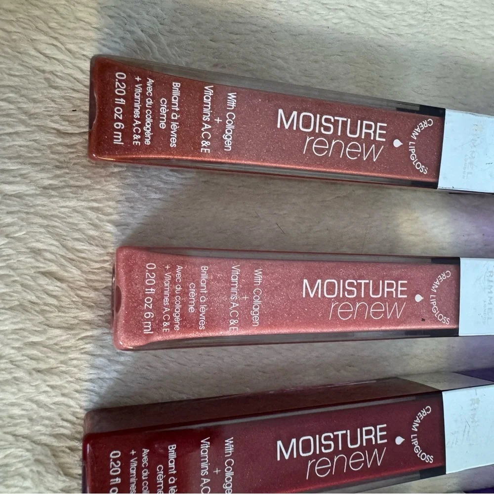 NWT RIMMEL moisture renew lip gloss set 5pc collagen coral pink red purple mauve